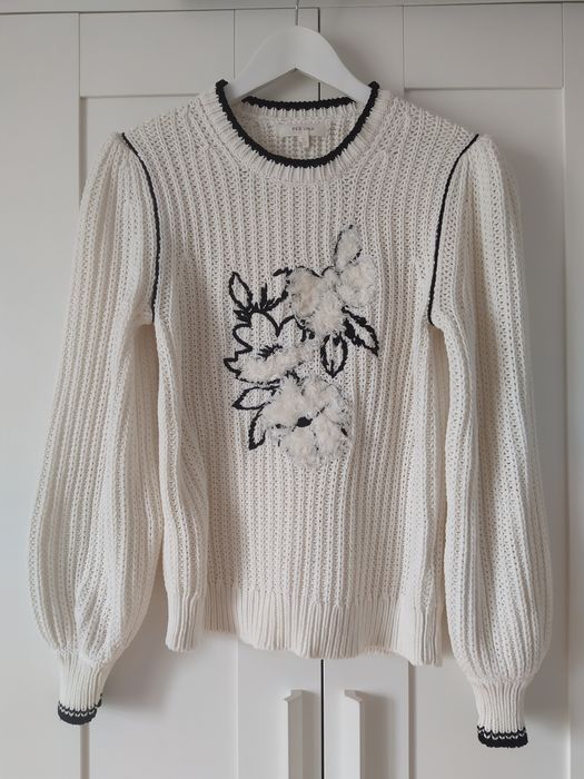 Sweter z kwiatową aplikacją, bufiaste rękawy r. L Per Una ( M&S)