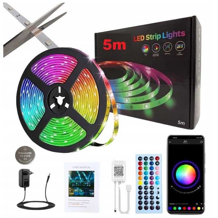 Taśma LED RGB 5m 5050 BLUETOOTH Listwa 230v 12v z Zasilaczem NA PILOTA