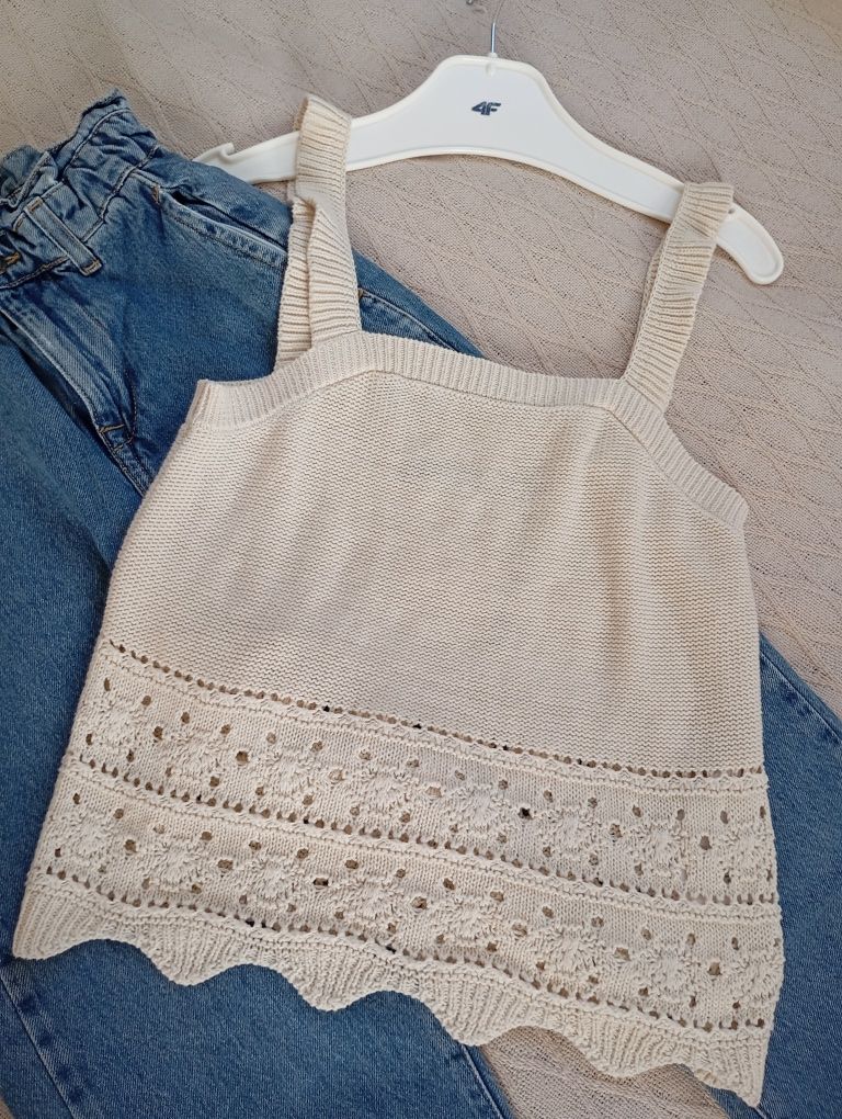 ZARA jeansy typu paperbag o kroju baggy i nowy  top crochet