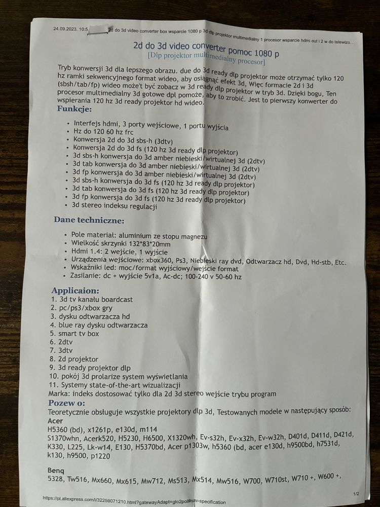 Convekter do projektorów  DLP  typ konwersji 3D