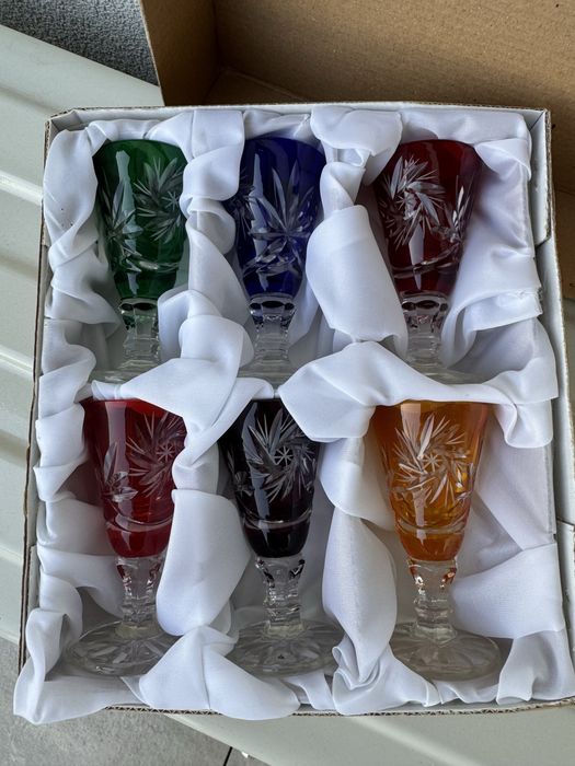 Kolorowe kryształy kieliszki, huta Krystyna, hand madr