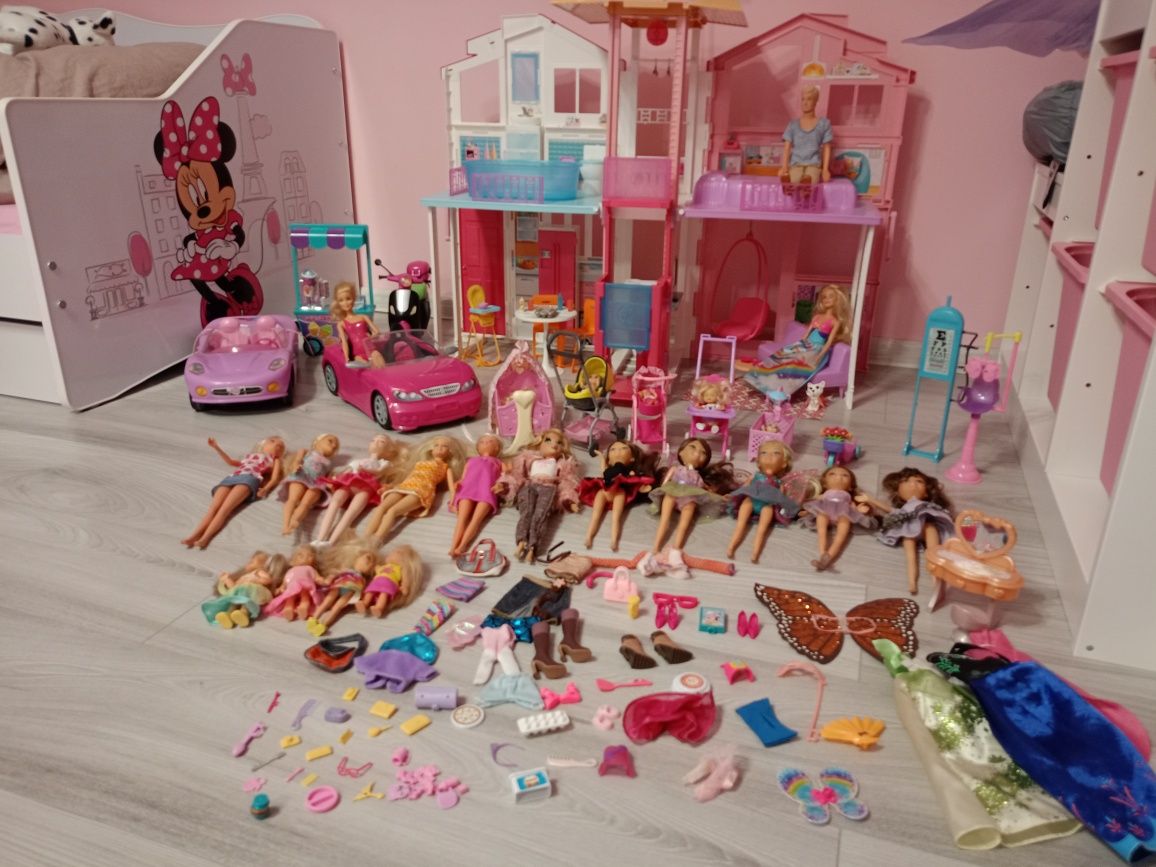 Zestaw domek Barbie samochody skuter lodziarnia lalki i akcesoria