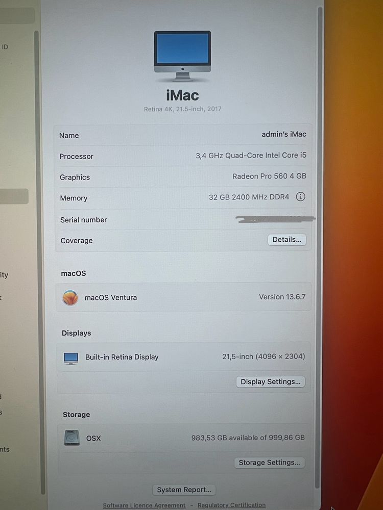 iMac 21.5 2017 4K 32GB