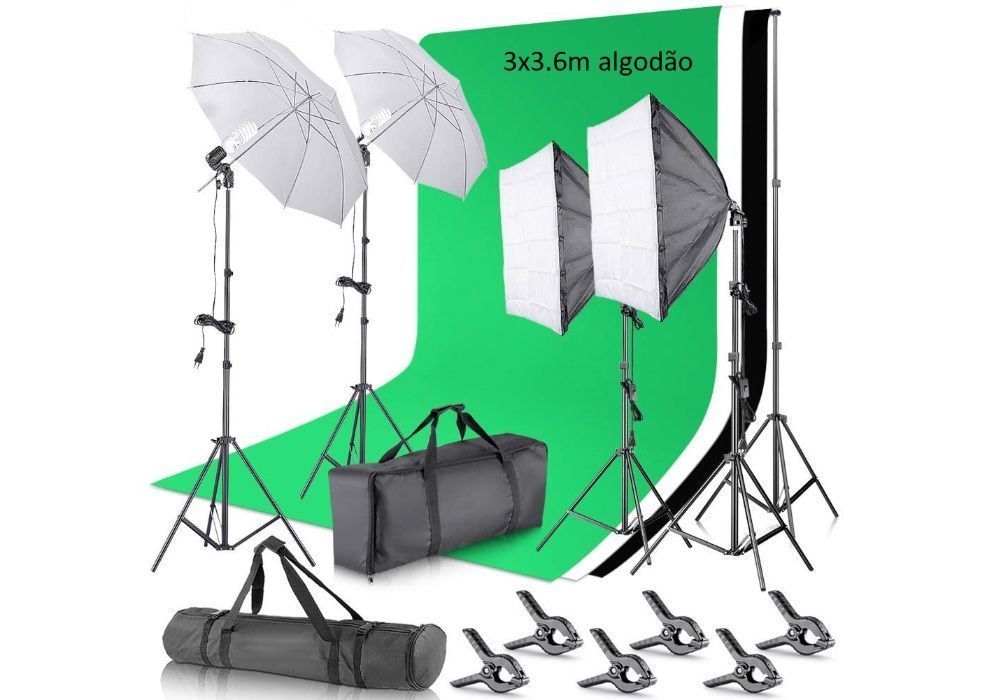 KIT estúdio fotografia 3 fundos algodão 3x3,6m com iluminação contínua