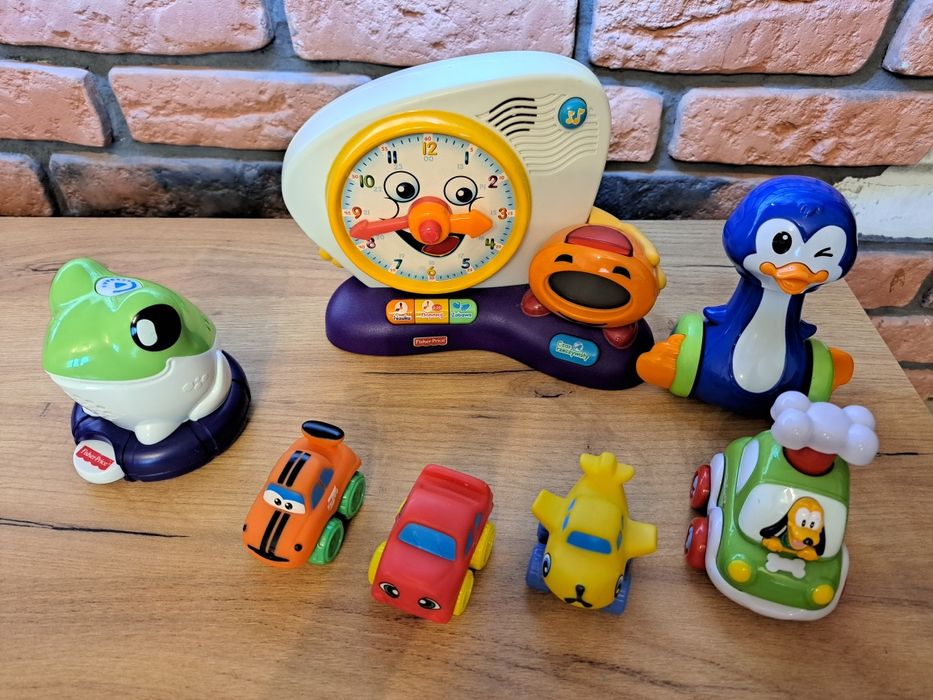 Zabawki Fisher Price Smiki zegar, żabka meter, pingwin i autka