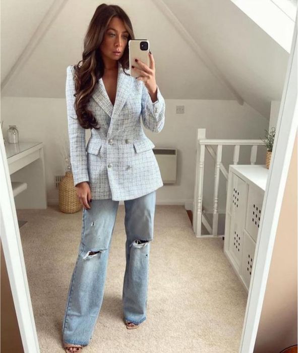 блактиний твідовий піджак блейзер жакет приталений в клітинку zara