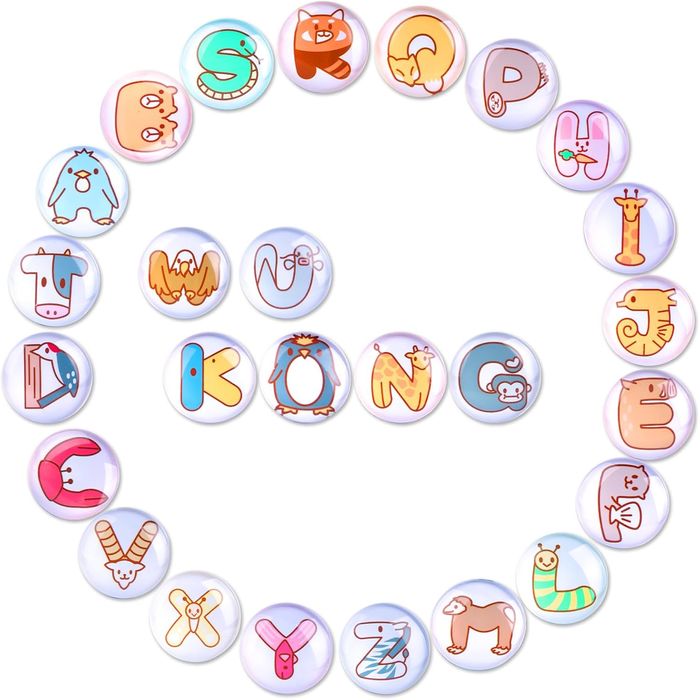 Magnesy na Lodówkę 26 Szt. Okrągłe 30mm Litery Zwierzęta