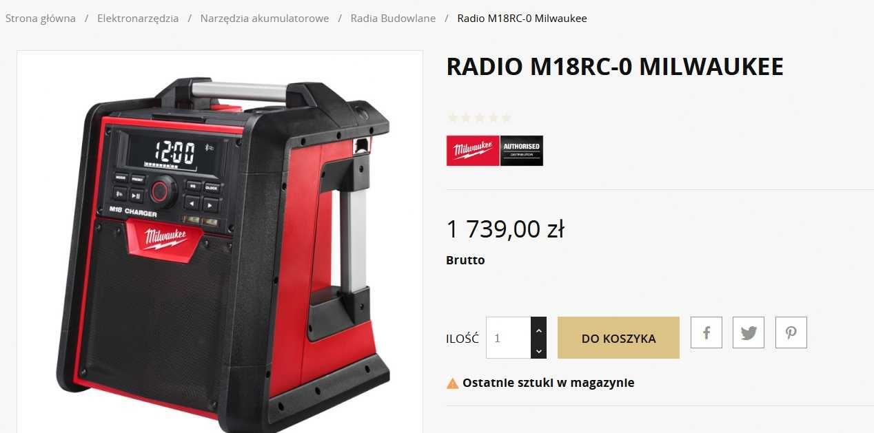 Radio Budowlane Głośnik Bluetooth ładowarka Milwaukee M18 RC Jak Nowy!