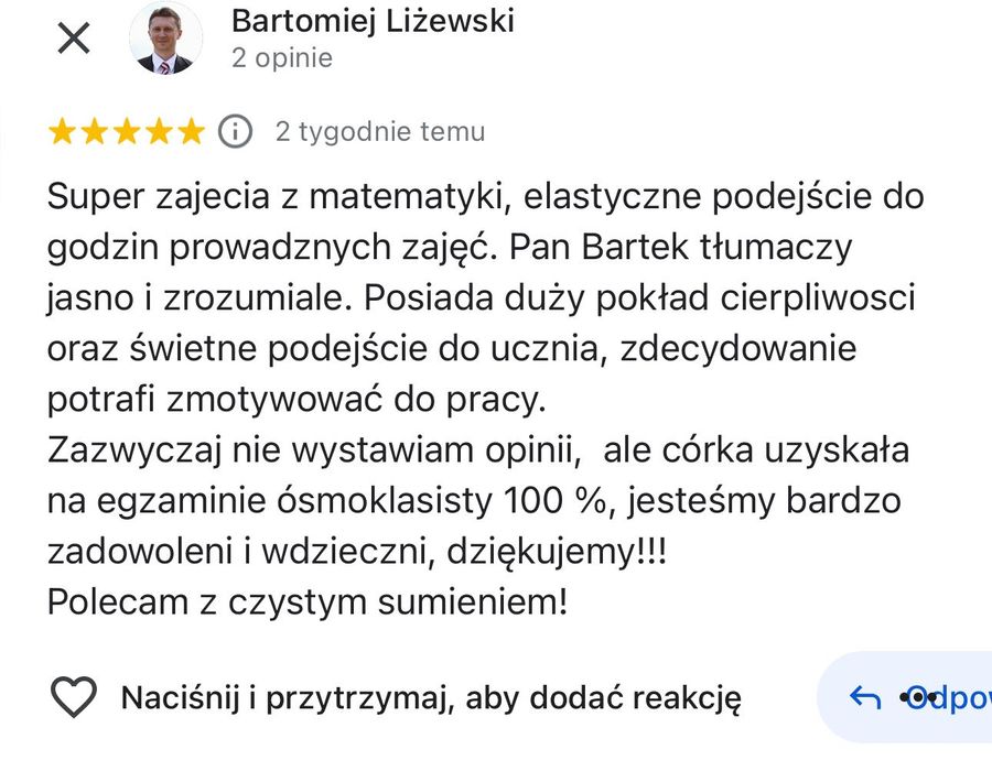 Korepetycje z nauczycielem Matematyka Szkoła Średnia i podstawowa