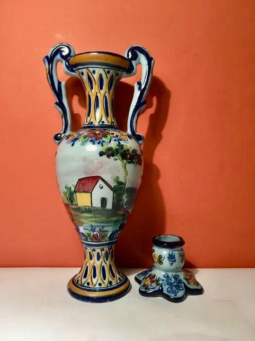 ALCOBAÇA - jarra (29 cm/s) e solitário (6 cm/s) -  pintados à mão