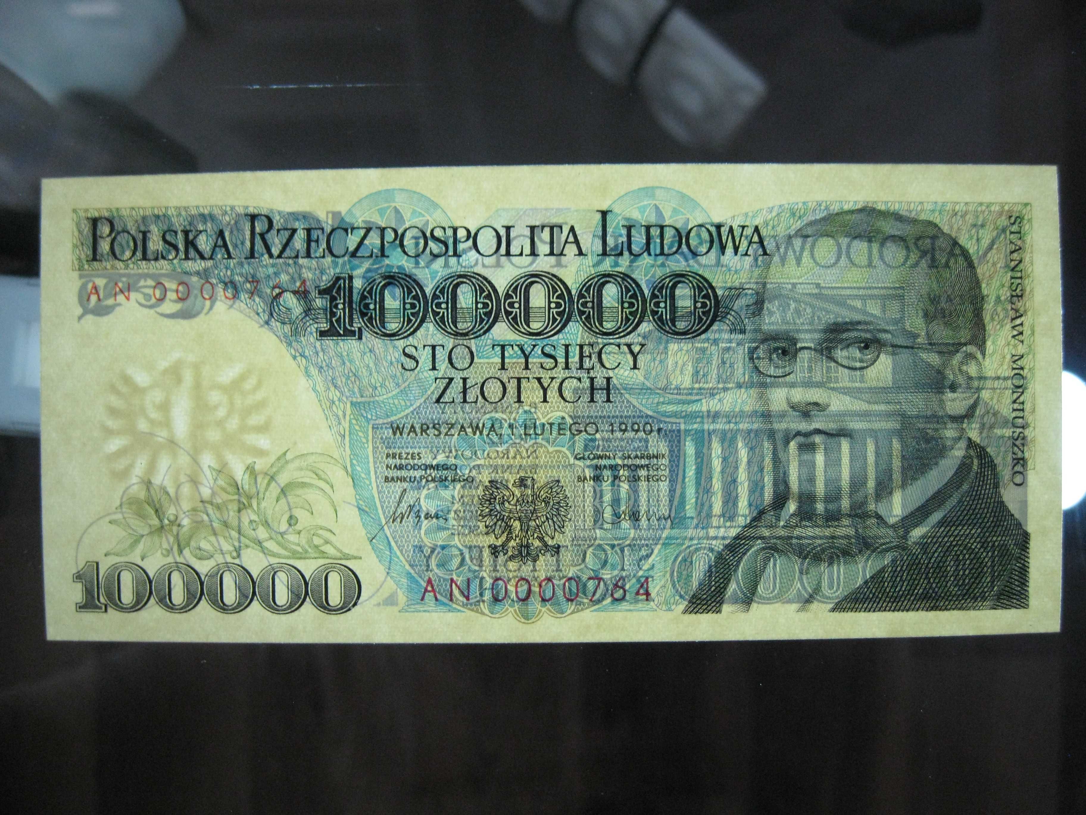 Banknot PRL 100000 złotych 1990 rok seria AN UNC niski numer 0000