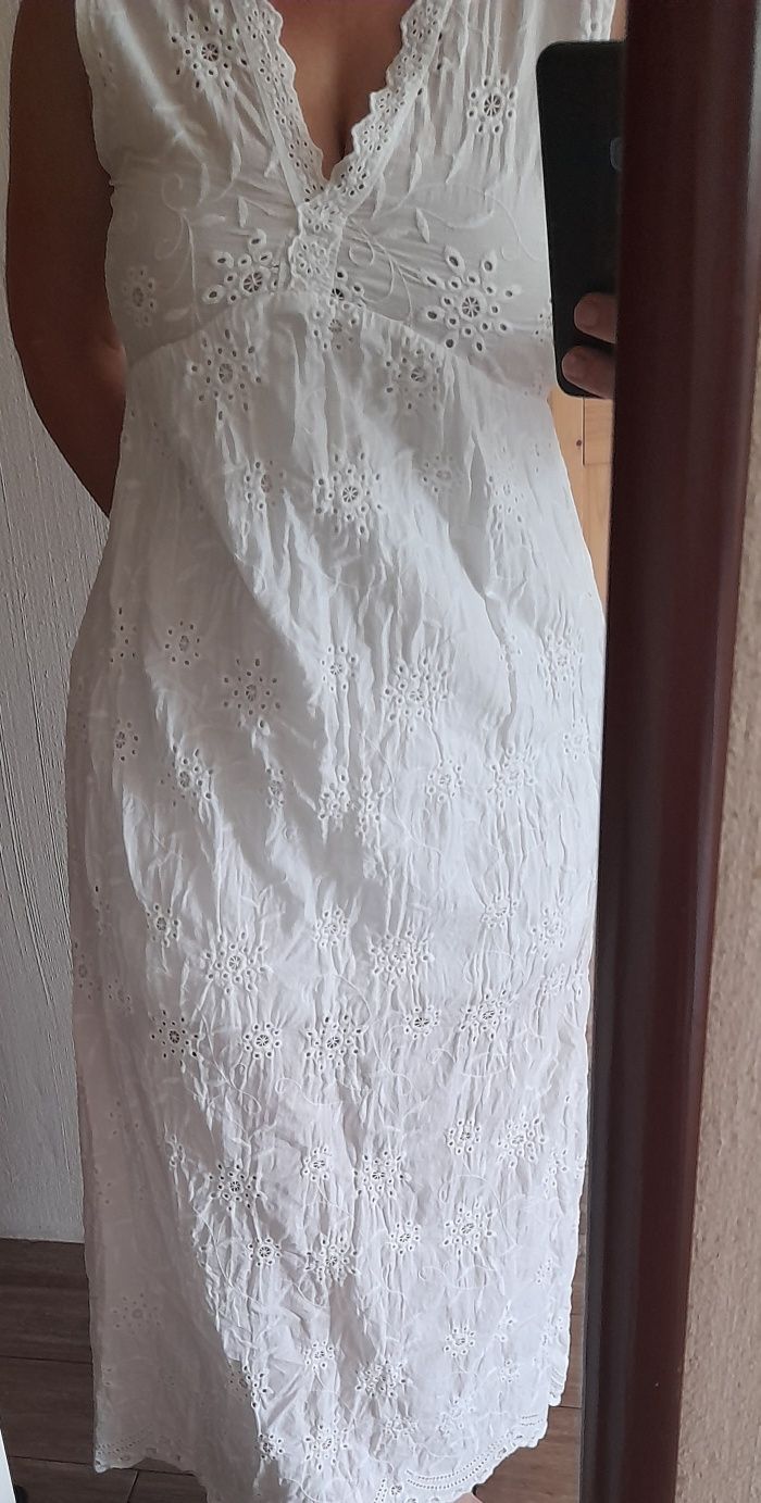 Sukienka biała maxi haft ażurowa,boho r. M