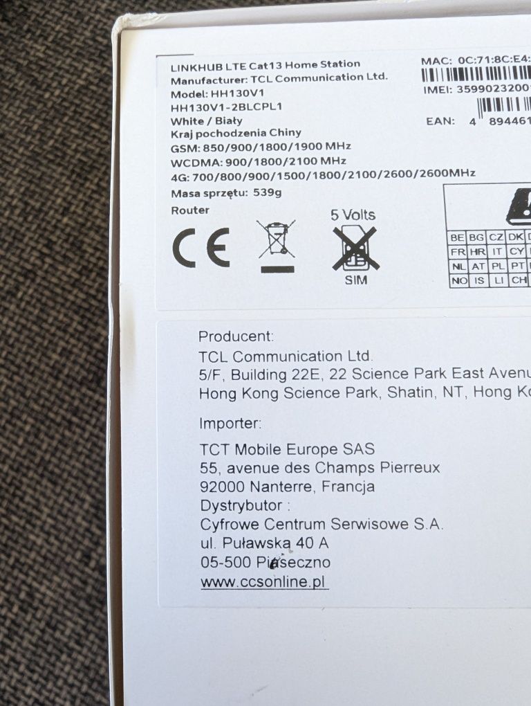 TCL LinkHub router LTE cat 13 4G+ modem 600 Mbps wifi SIM gwarancja