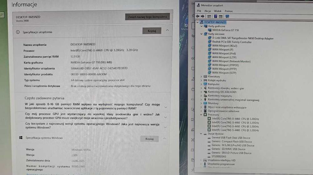 Komputer DELL Vostro Intel i5 12GB RAM Nvidia Geforce GT Windows 10Pro