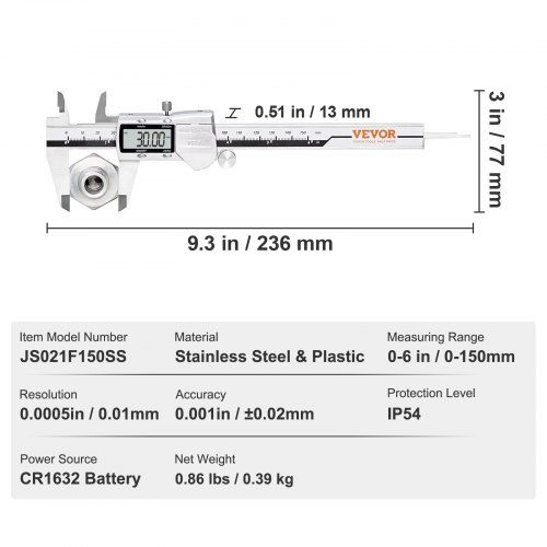 Calibrador Digital Vernier 0-150mm, ±0,02mm, aço inox, IP54, LCD