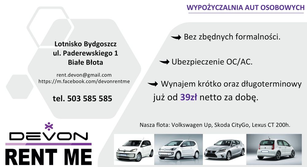 Wynajem samochodu osobowego Volkswagen UP od 39zł za dobę Bydgoszcz