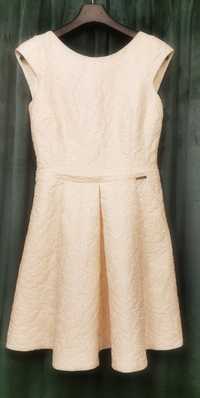 Sukienka rozkloszowana, elegancka, kremowa, koronka, rozmiar 36