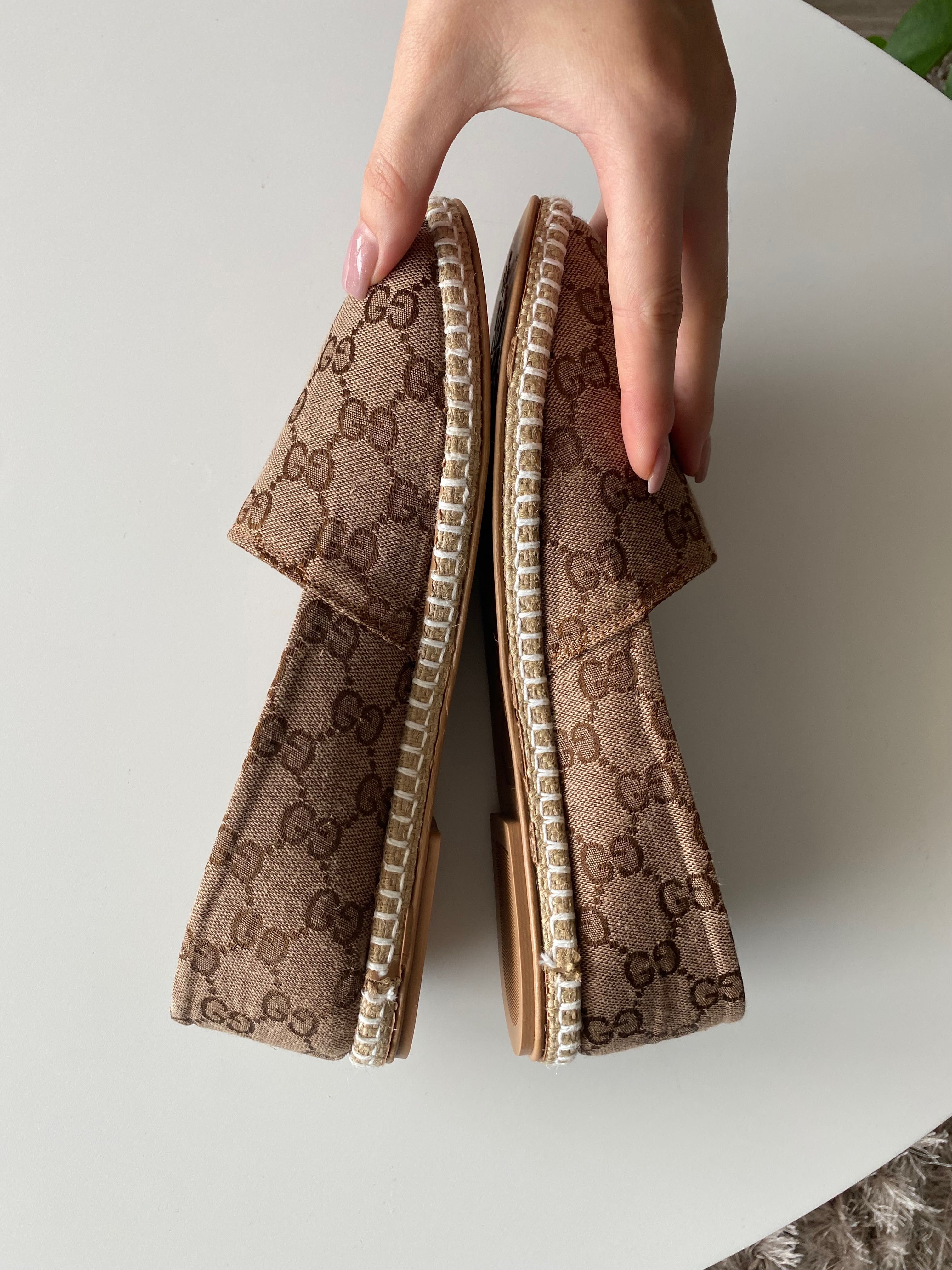 Mokasyny espadryle beżowe brązowe Gucci 24 cm modne wygodne letnie