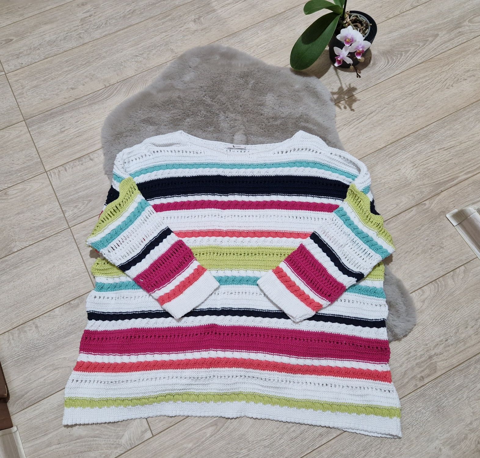 Kolorowy dziergany sweterek rękaw 3/4 4XL 48