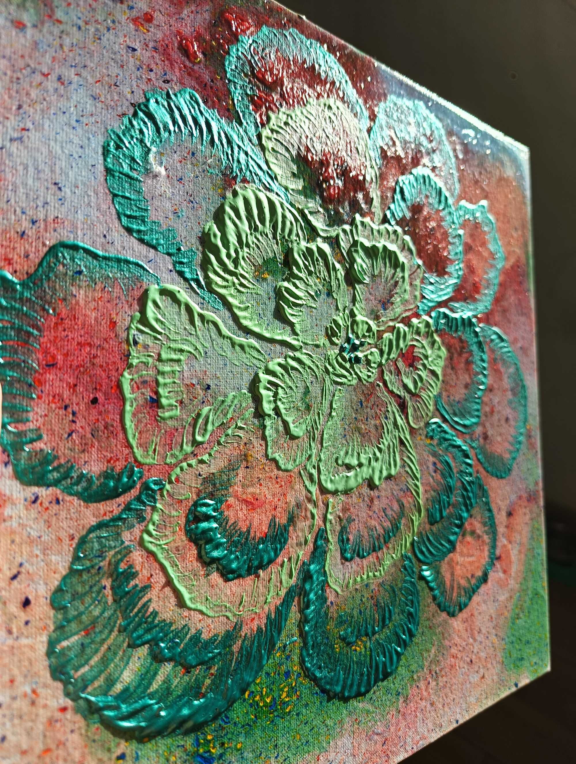 Obrazek Kwiat 30×30 cm, 100%bawełna na kartonie, akryl+3d paints