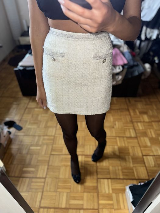 Zara tweedowa mini spódnica grubsza perły ozdobne wysoki stan