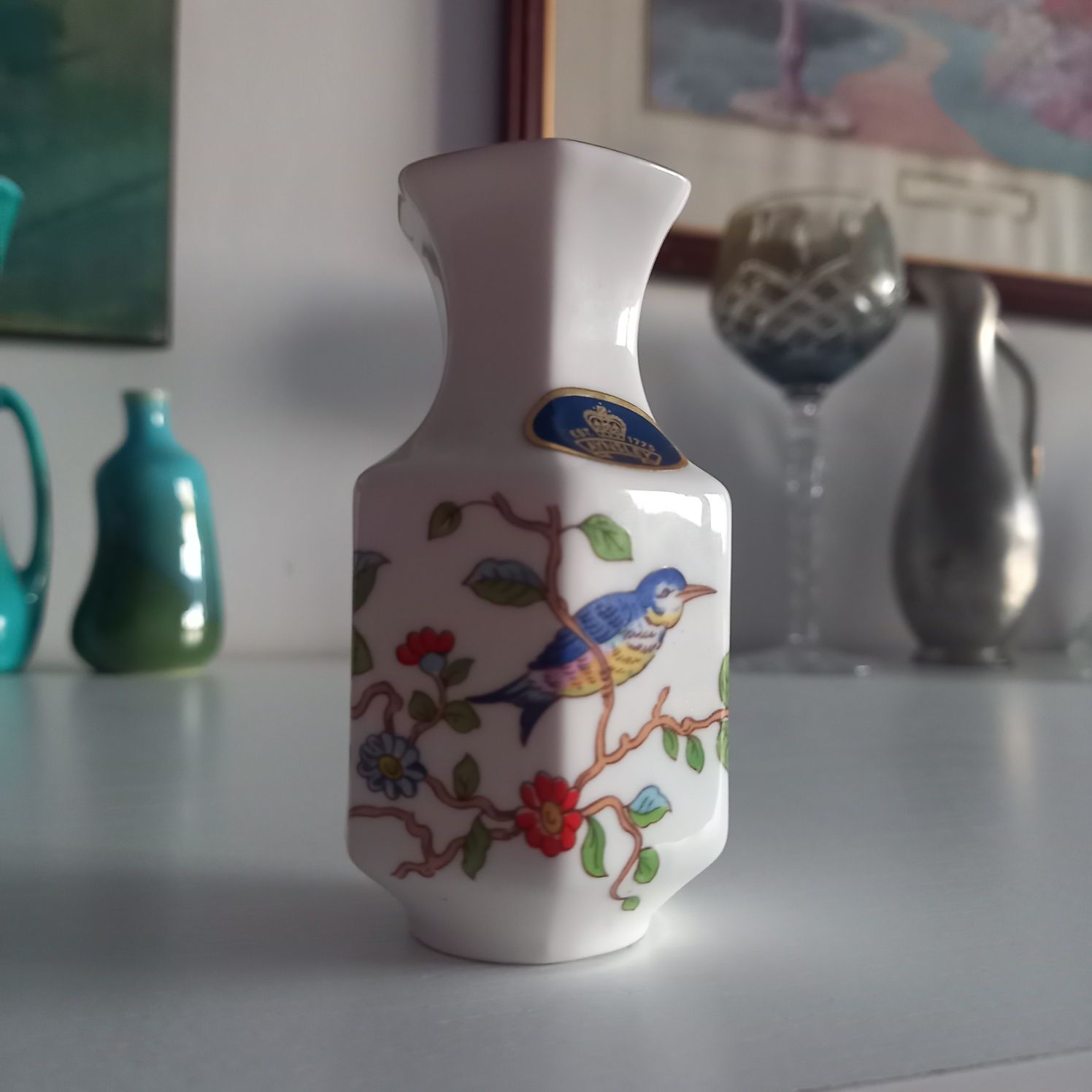Piękny flakonik porcelanowy Aynsley sygnowany vintage z ptakiem biały