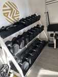 Halteres de ginásio redondos de 7,5 a 32 kg c/ suporte rack technogym