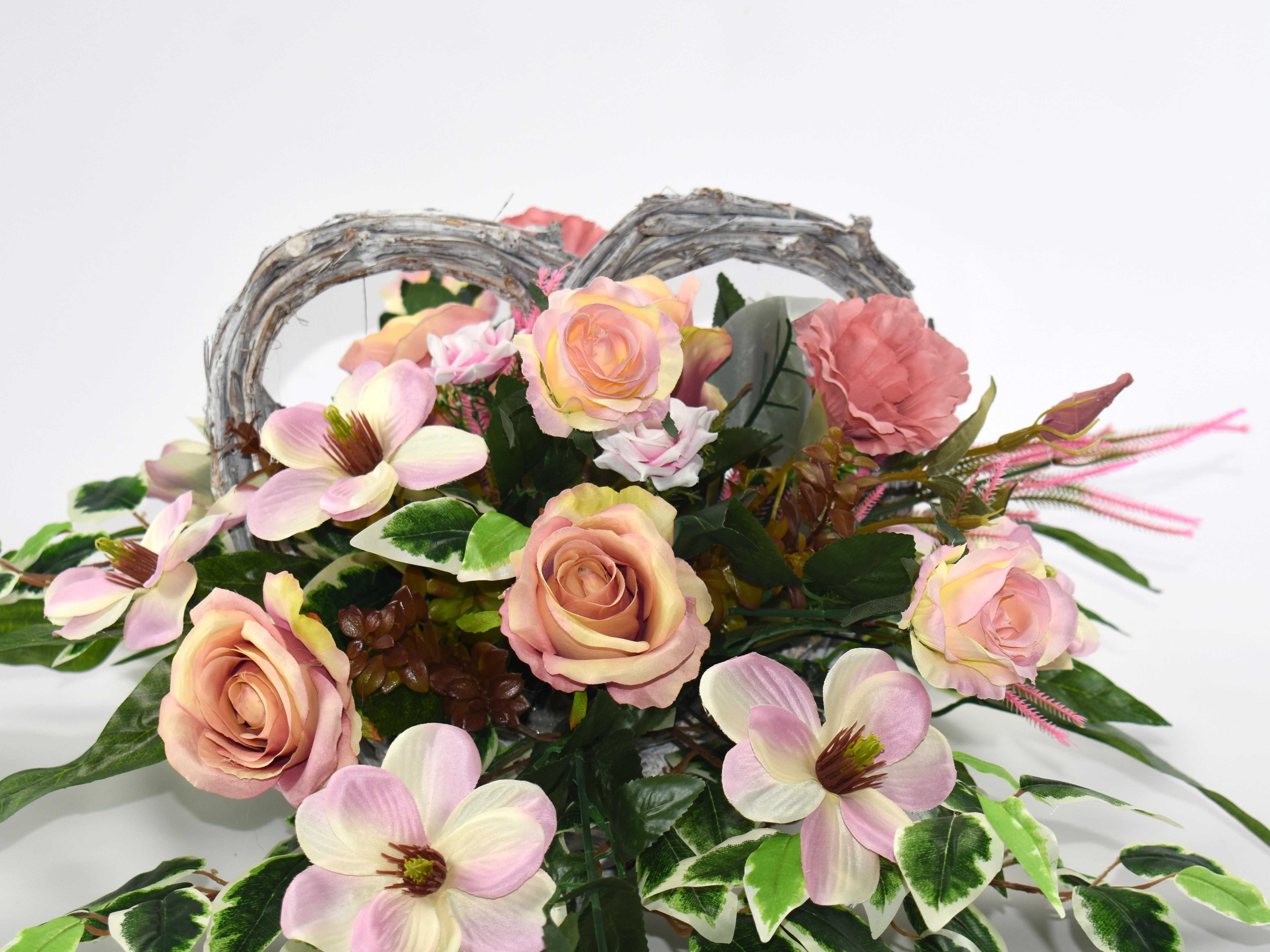 STROIK różowy na cmentarz serce Wiązanka nagrobna sztuczne kwiaty