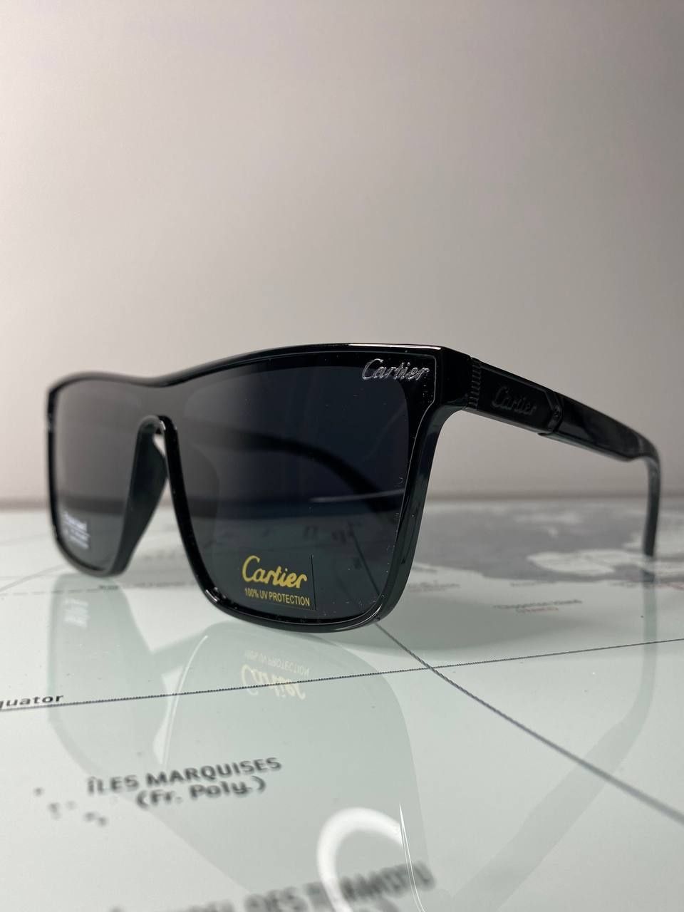 Очки маска Cartier солнцезащитные мужские черные глянцевые Polarized