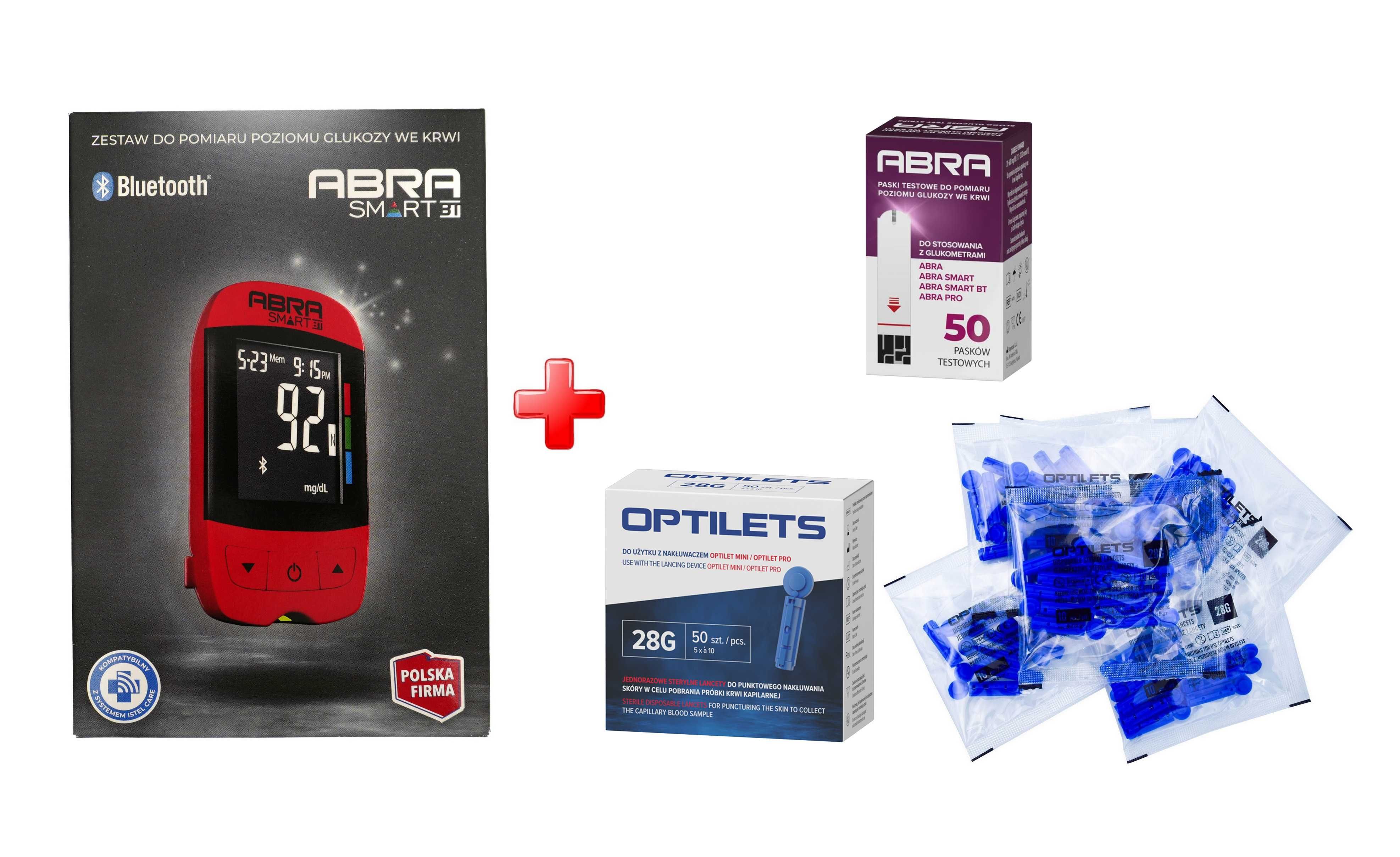 Glukometr Bluetooth ABRA SMART + 50 PASKÓW + 70 LANCETÓW – czerwony