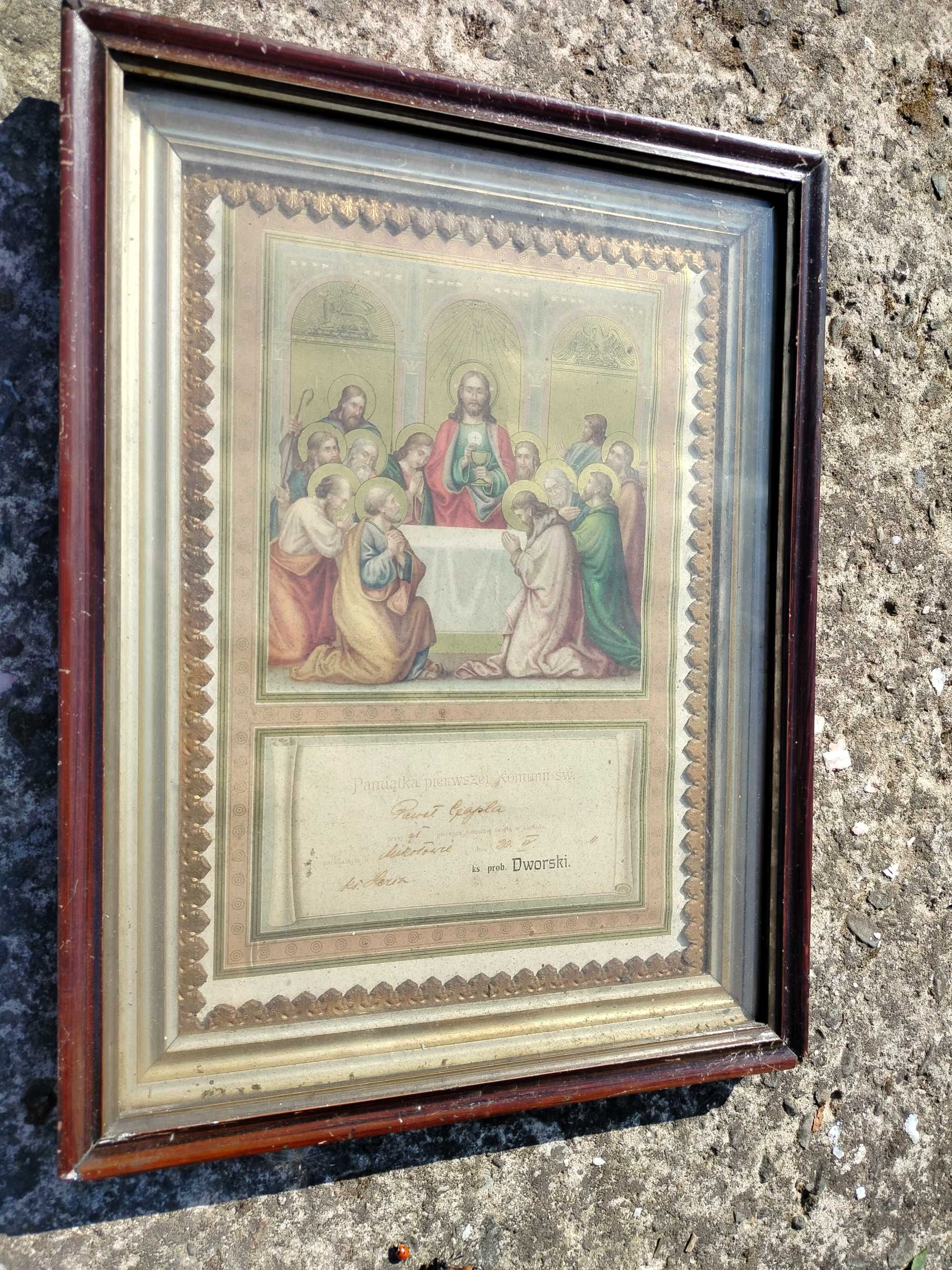 Obraz religijny rama podwójna stara Mikołów pamiątka komuni