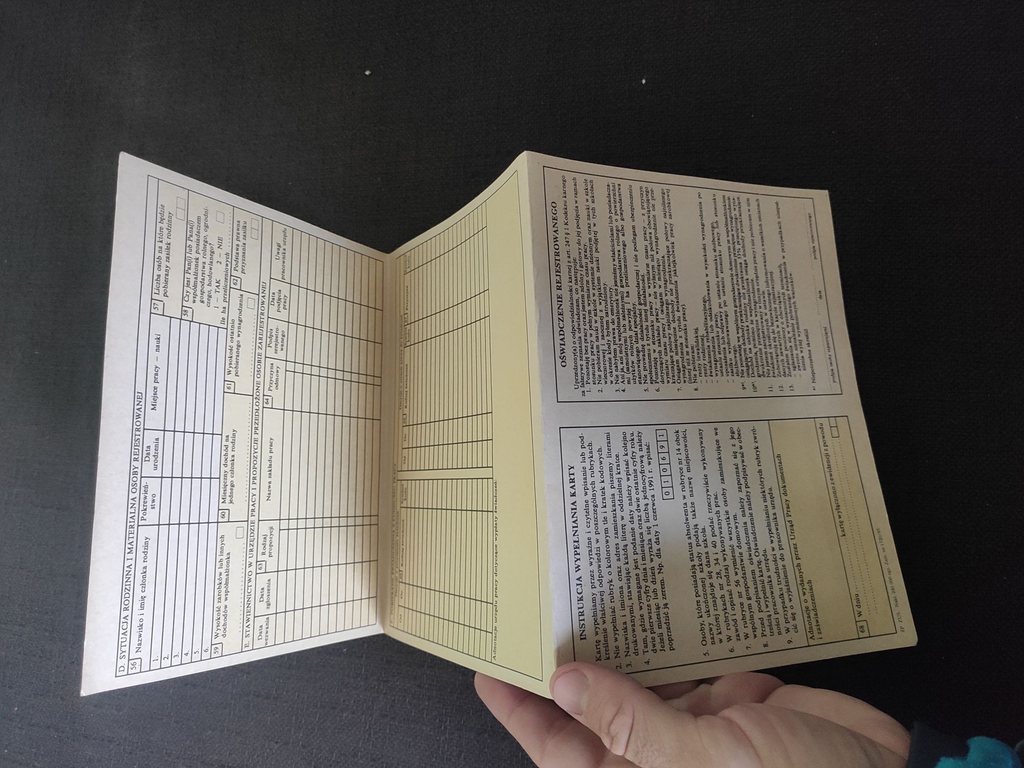 Unikat - karta rejestracyjna bezrobotnego z 1991 r. dla kolekcjonerów