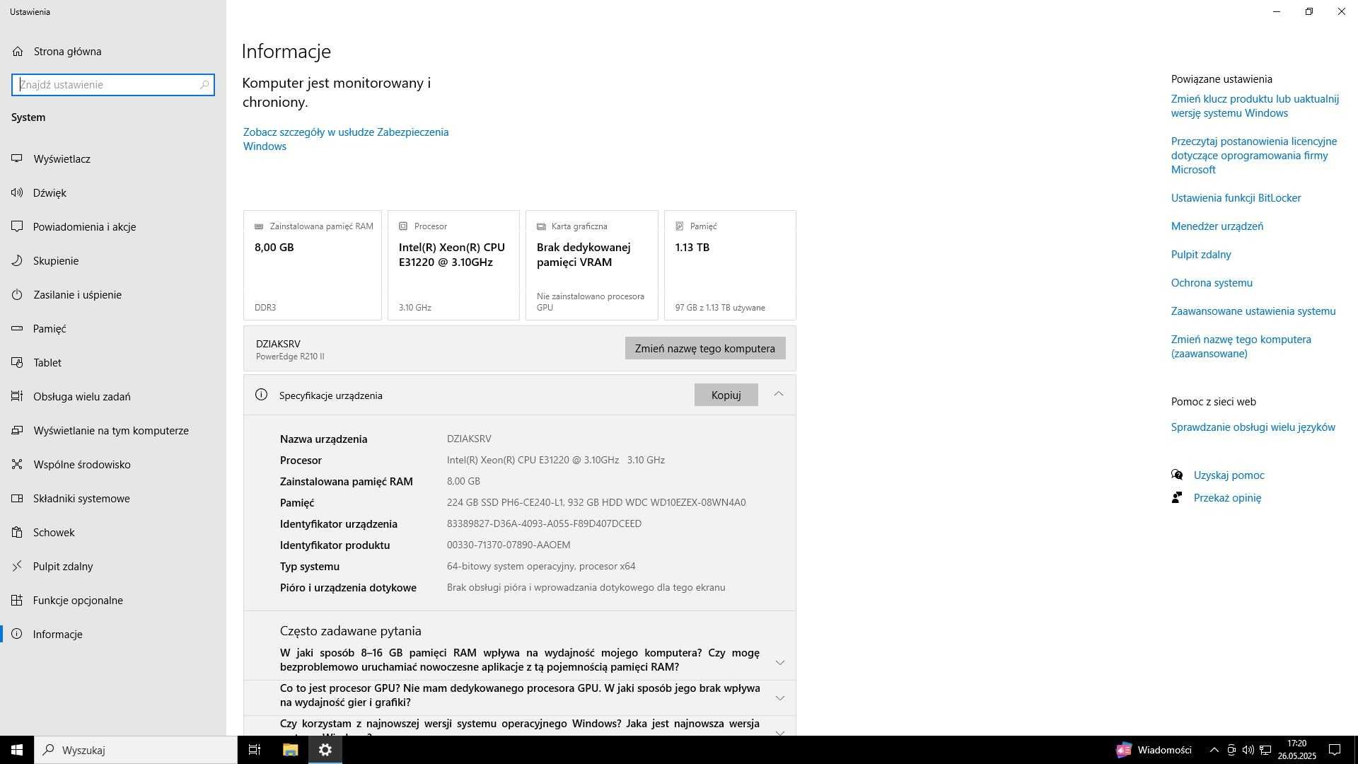 Serwer DELL R210 II E3-1220 SSD WINDOWS 10 PRO REF 40CM GŁ