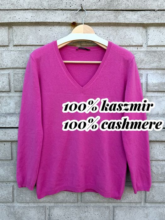 Różowy, kaszmirowy sweter w serek, 100% kaszmir, rozmiar L