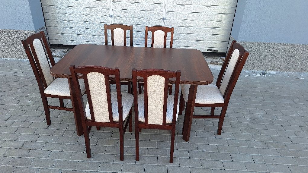 Nowe: Stół 80x140/180 + 6 krzeseł, orzech + kremowy, dostawa cała PL