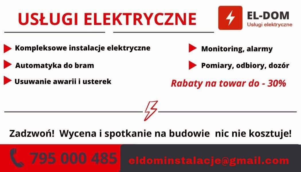 Elektryk, towar -30%, instalacje elektryczne, usługi, odbiory, Pomiary