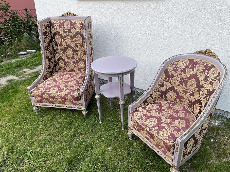 Komplet mebli Ludwik XIV XV, Kanapa, stolik, fotele, krzesła, stół
