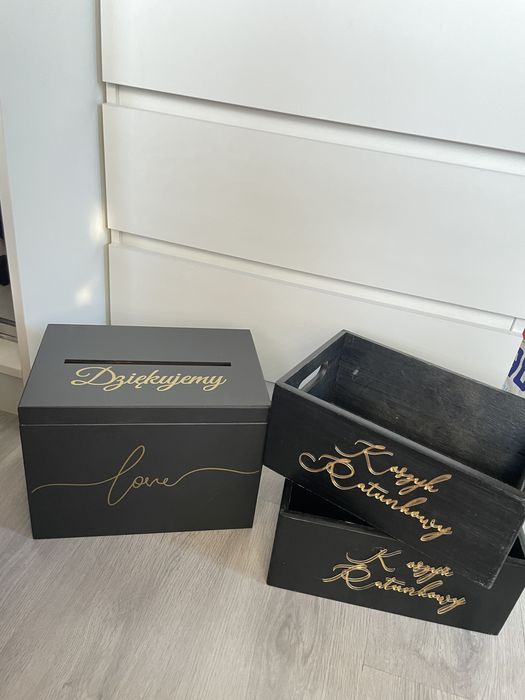 Czarny Zestaw ślubny - skrzynka na koperty + koszyk koszyczki raunkowe