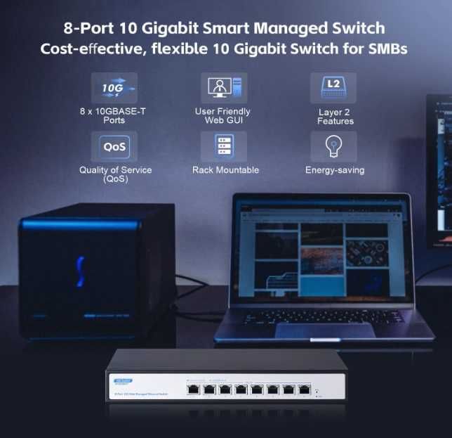 YuLinca 8-portowy zarządzany Switch Ethernet 10 Gb/s 10G/5G/2.5G/1000M