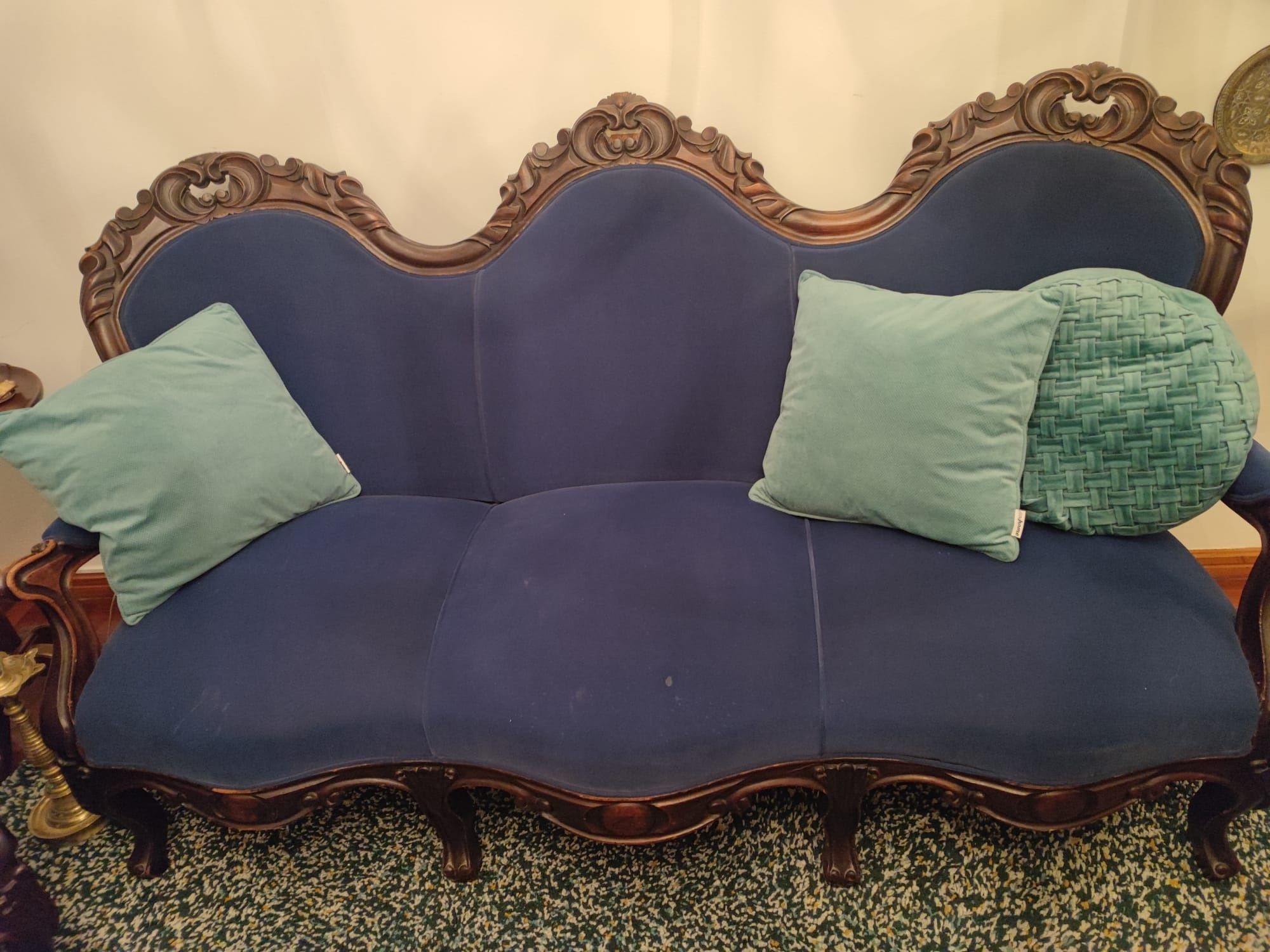 Sofá vintage azul escuro com 2 poltronas