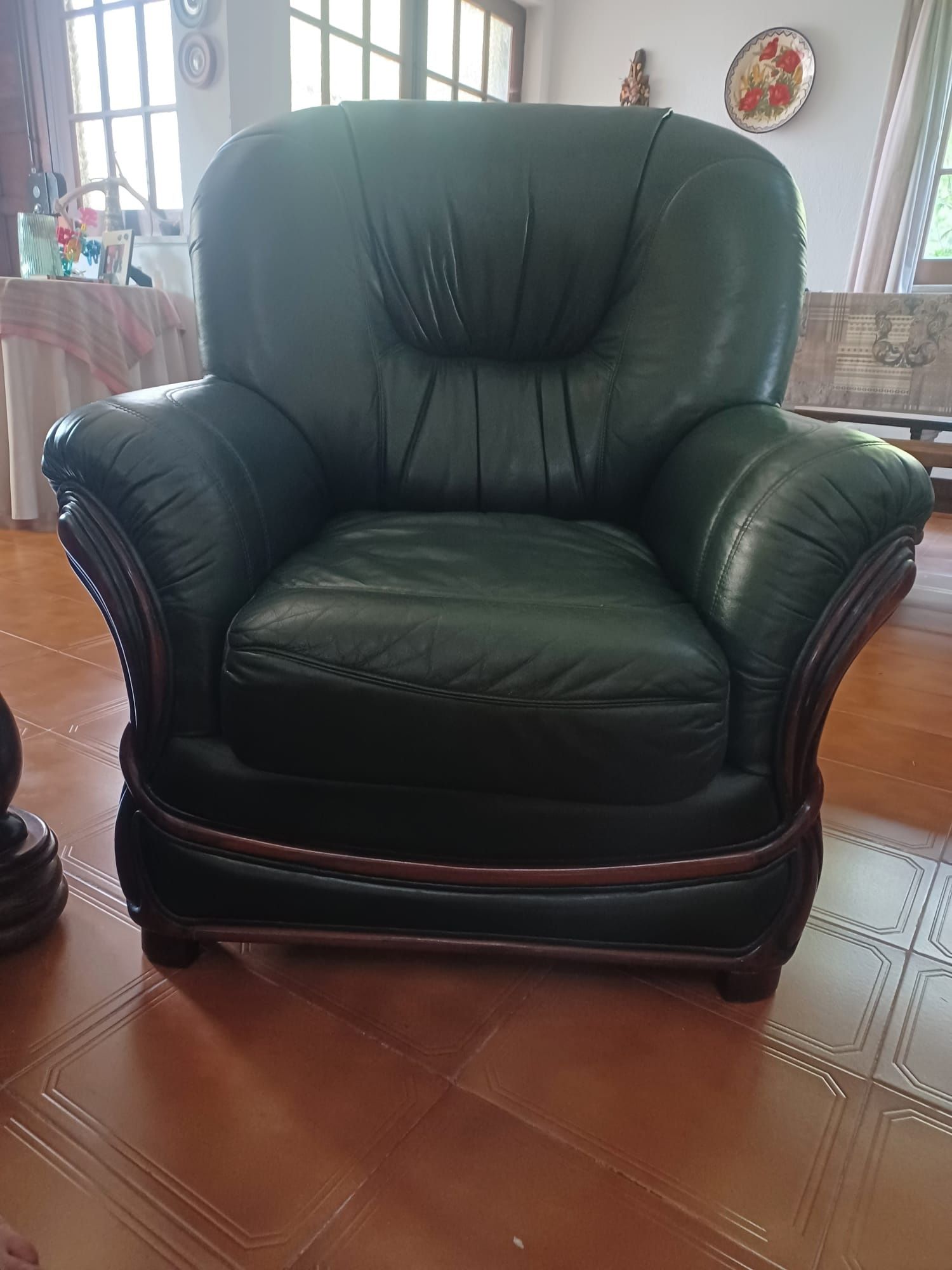 Conjunto de sofá cama e 2 cadeiroes pele