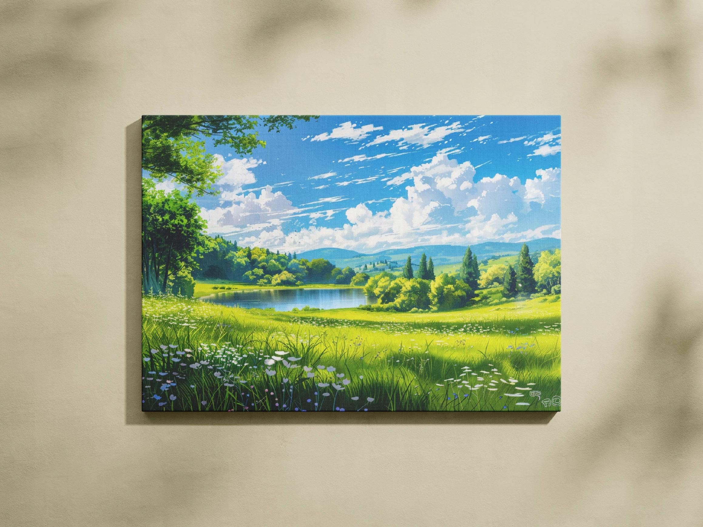 Obraz na płótnie "Łąka nad jeziorem" 120x80 cm - krajobraz do domu