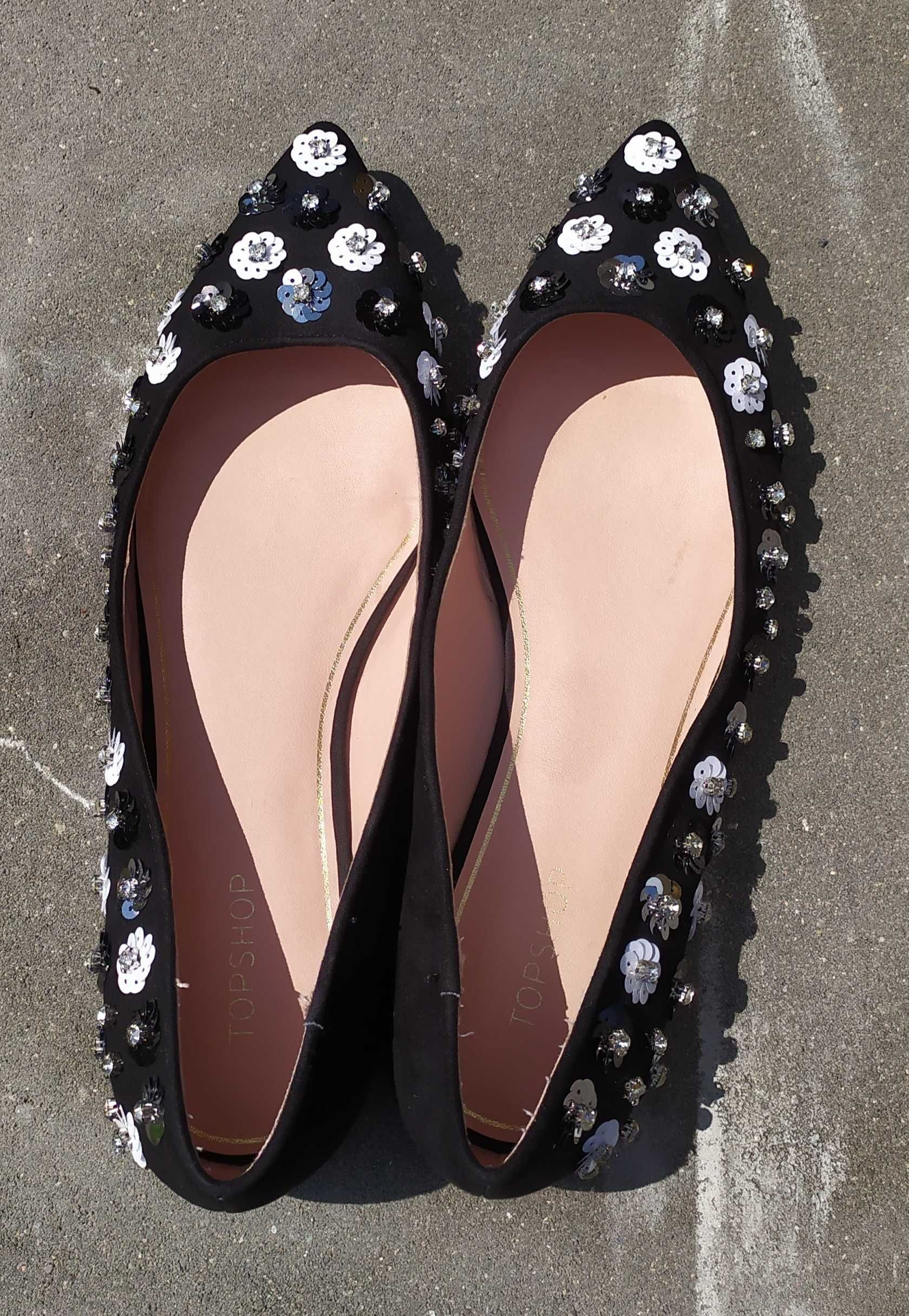 Baleriny w szpic, w kwiaty, z cyrkoniami, TOPSHOP r. 39