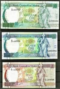Malta 1967{1994} zestaw 3 banknotów- 2,5 i 10 lira! GRATIS WYSYŁKA!