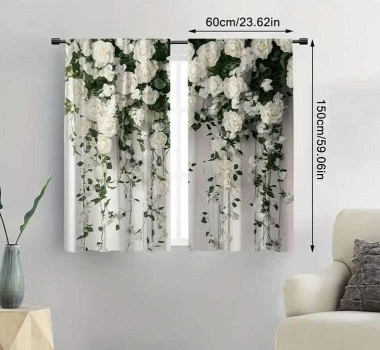ZASŁONY 2D 60x150cm BIAŁE RÓŻE eleganckie z liśćmi na tunelu 2szt h160