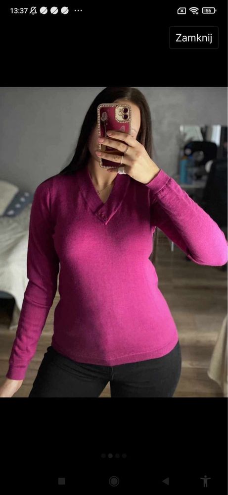 Wełniany sweterek w kolorze fuksji wełna woolmark rozmiar S