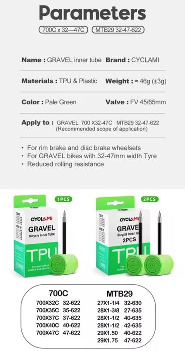 Dętki Gravel TPU a'2 Cyclami 700C Presta 45mm 46g Super Jakość