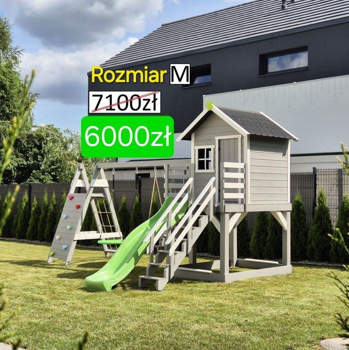 Plac zabaw "prosty" domek dla dzieci. Rozm. M. Huśtawki, wspinaczka