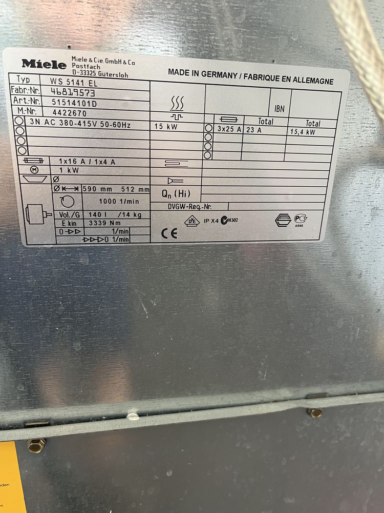 Przemysłowa pralko-wirówka Miele WS/5141-EL z dozownikami, 14KG, 380V