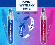 Wymiana butli, cylinder, naboje typu SodaStream różowa i niebieskia